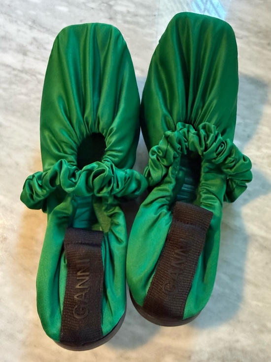 Ganni Shoes - Ganni Emerald Green Satin Ruched Square Ballet Flats